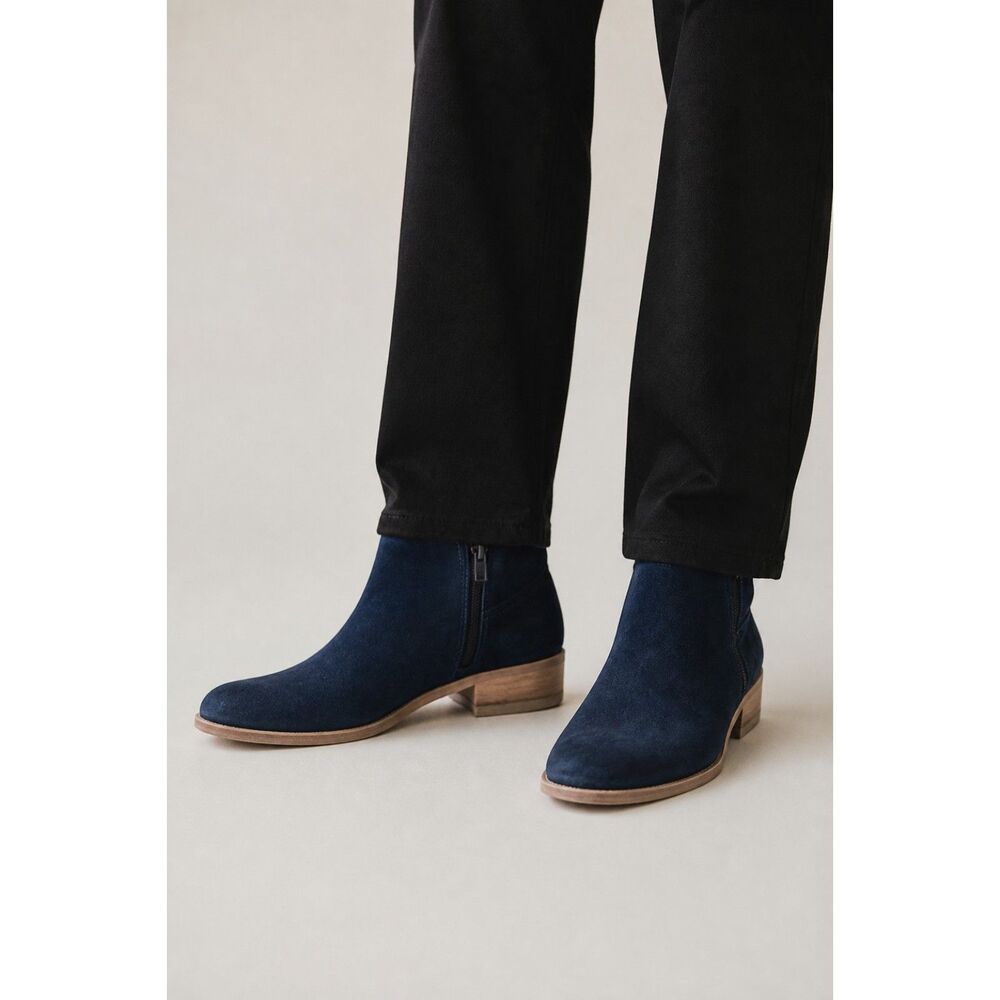 Hinge Women's Blue Suede Leather Side Zip Ankle Western Ankle Boots Size 6 Boho